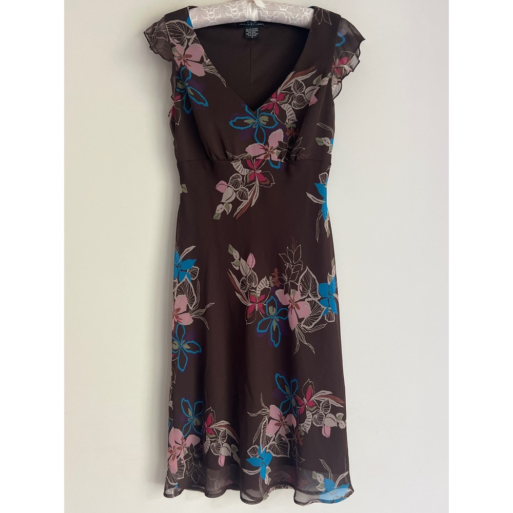 F.L.P. Brown Chiffon Floral V-Neck Flutter Sleeve Midi Dress Fairycore Retro 4